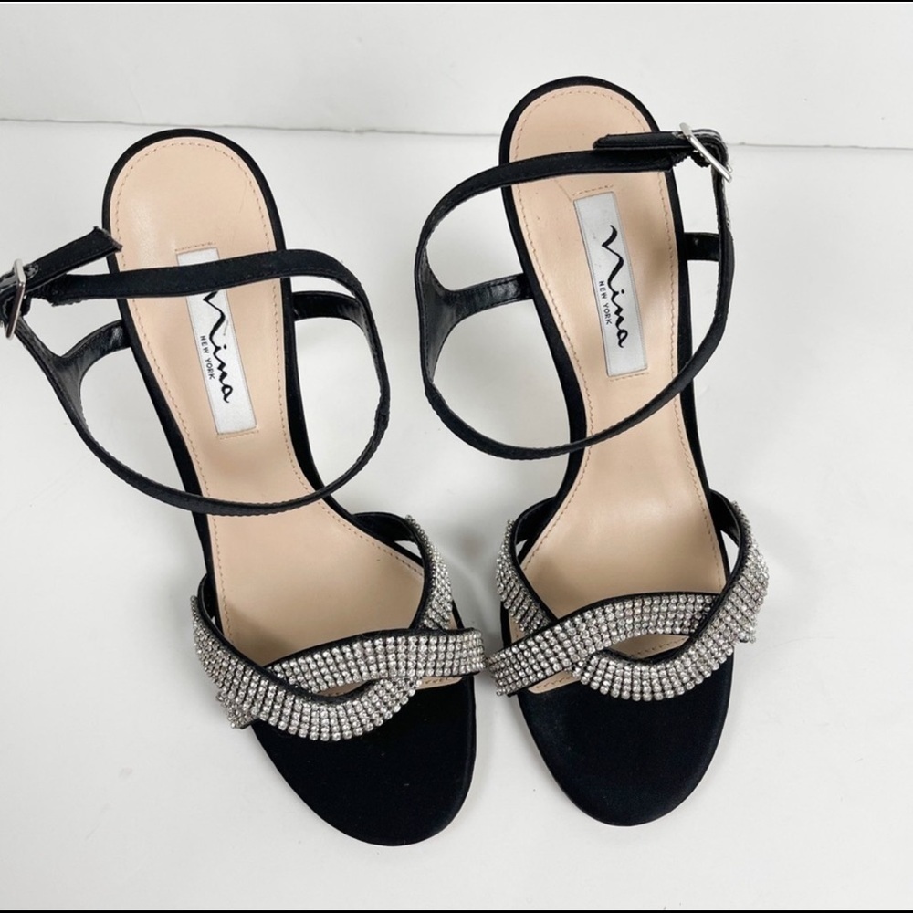 Nina New York Black Satin rhinestone heels size 9